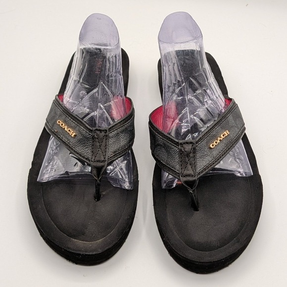 Coach 9B $95 Judy Black Leather Platform Thong Flip Flop Sandals Red Lining main image 12